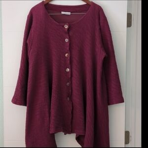 Bryn Walker Lagenlook Asymmetrical Hem Oversized Burgundy Button-Up BohoTopper